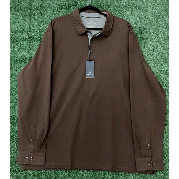 NWT VEBOON Men's Polo Shirt Long Sleeve Cotton Flex Brown Button 1/4 Size 3XL - Picture 2 of 14
